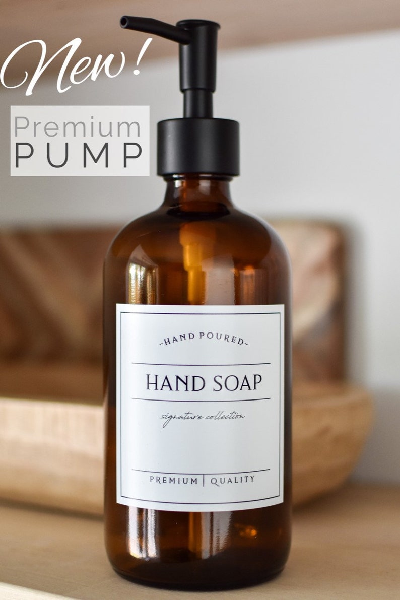 16oz AMBER Glass Hand Soap, SIGNATURE Style Waterproof Label, PREMIUM Pump, Refillable Soap Dispenser zdjęcie 4