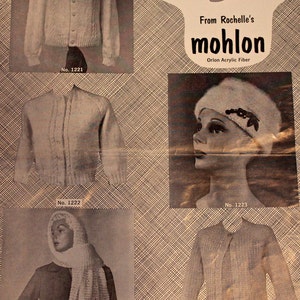 May include: A vintage leaflet showcasing five knitwear designs. The designs include a cardigan, a button-up sweater, a hat, a scarf, and a three-quarter sleeve jacket. The leaflet is from Rochelle's and promotes "Easy to Make Fashions."