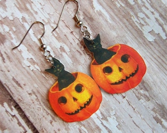 cat earrings vintage Halloween ephemera postcard orange pumpkin black kitty dangle