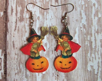 witch earrings vintage Halloween ephemera postcard moon owl cat pumpkin bat dangle