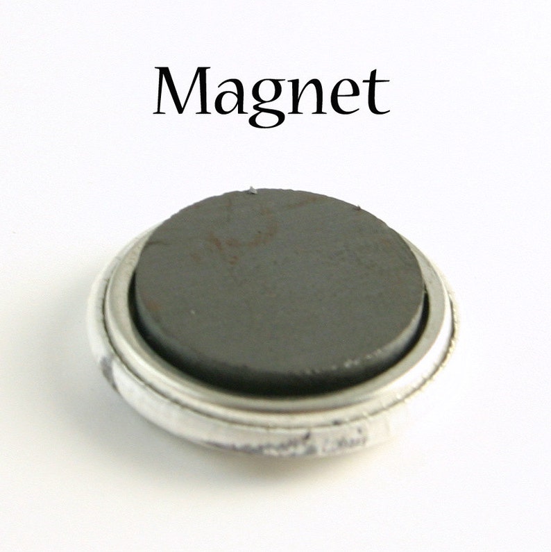 May include: A round magnet with a silver border and a black center. The word "Magnet" is printed in black above the magnet.
