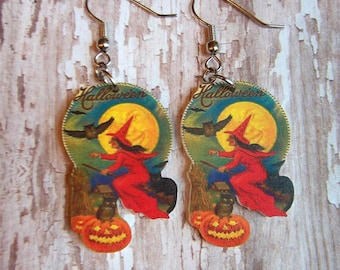 witch earrings vintage Halloween ephemera postcard moon owl cat pumpkin bat dangle