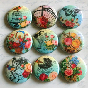 shabby chic fridge magnets victorian floral vintage ephemera  set of nine pin badge button cab charm