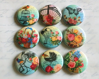shabby chic fridge magnets victorian floral vintage ephemera  set of nine pin badge button cab charm