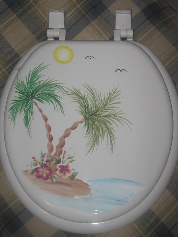 New Round Wood Toilet Seat Hand Painted Tropical Palm Etsy