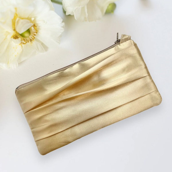 Light Gold Satin Bridal Clutch Wristlet, Simple Wedding Clutch By Banana Cottage - Personalization Option Available