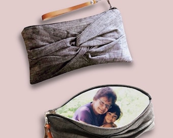 Pochette personnalisée gris charbon de bois avec photo et inscription, cadeau personnalisé pour elle, bracelet de sac à main en lin