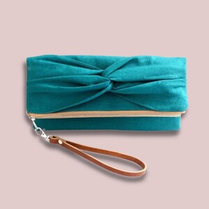 Boho Chic Teal Clutch, Monogram Photo Gift Idea, Custom Linen