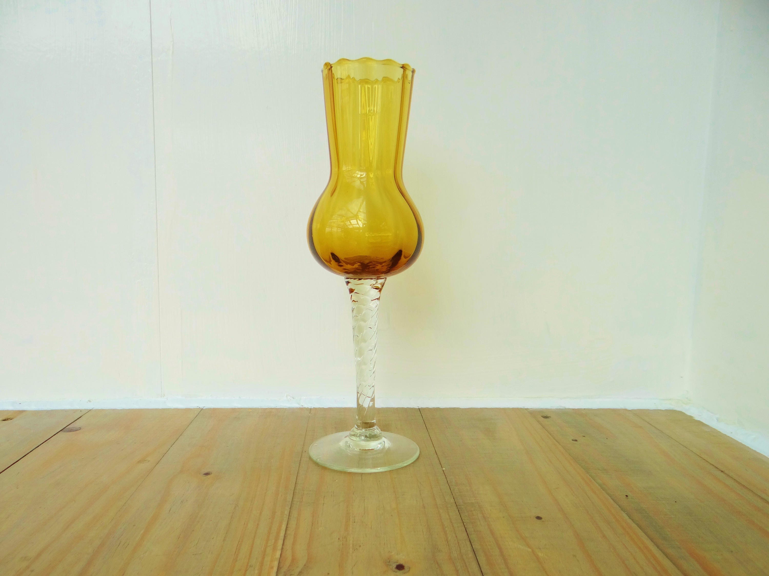 Vintage Glass Vase Amber Glass Twisted Clear Stem Fluted Etsy