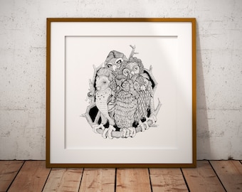 A Parliament of Owls, Black and white illustration art print, barn owl, great horned owl