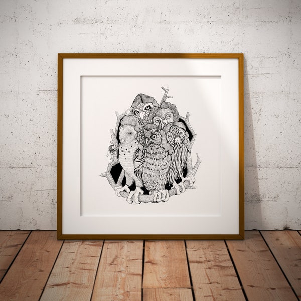 A Parliament of Owls, Black and white illustration art print, barn owl, great horned owl