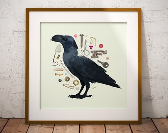 Raven print, gothic home decor, bird wall art, black bird, illustration