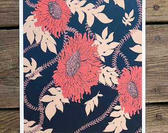 Pink Flowers art Print, William Morris inspired floral illustration, sunflower and chrysanthemum decor