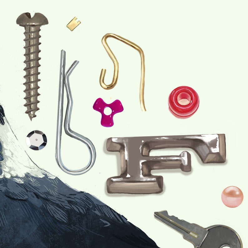 Op de afbeelding: Een verzameling diverse hardware-artikelen, waaronder een schroef, een metalen haak, een metalen veer, een letter F, een kleine rode kraal, een roze plastic ster, een kleine witte kraal en een sleutel.