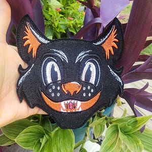 Vintage Halloween Cat Face Patch, Fashionably Twisted Embroidery
