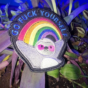 Rainbow Sloth, 'Go F Yourself', Iron On Patch, Snarky Adult Humor, Fashionably Twisted, Free Shipping, Sew On