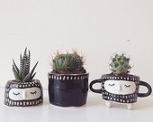 B/W PLANTER SET // Small plant pot, Cute plant pot, Wheel Thrown Ceramics, Hand carved pottery