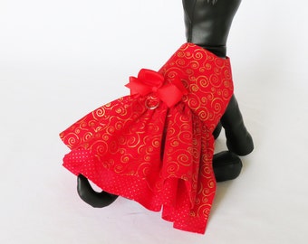 Christmas Dog Dress - Red and Gold Christmas Pet Dress, Little Dog Holiday Dress, Puppy Xmas Dress, Chihuahua, Yorkie and Other Small Breeds