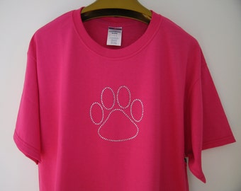 Pink T-Shirt - Rhinestone Paw Print - Dog Lover Tshirt - Cat Lover Bling Tee - Dog Themed Gift