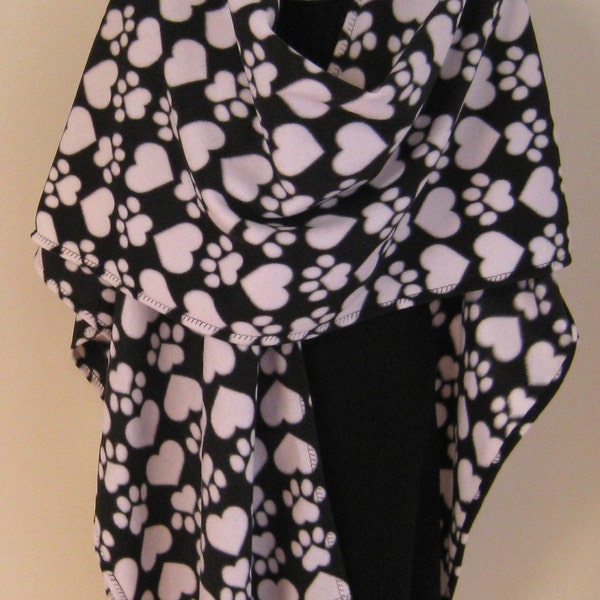 Fleece Cape - Paw Print Black and White Large Shawl, Baby Wearing Wrap, Babywearing Poncho, Maternity Coat, Plus Size, One Size Fits Most