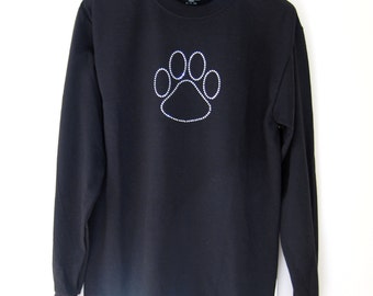 Black T-Shirt - Long Sleeve Paw Print T-Shirt - Rhinestone Paw Print - Dog Lover Gift - Dog Themed Top - Size Small