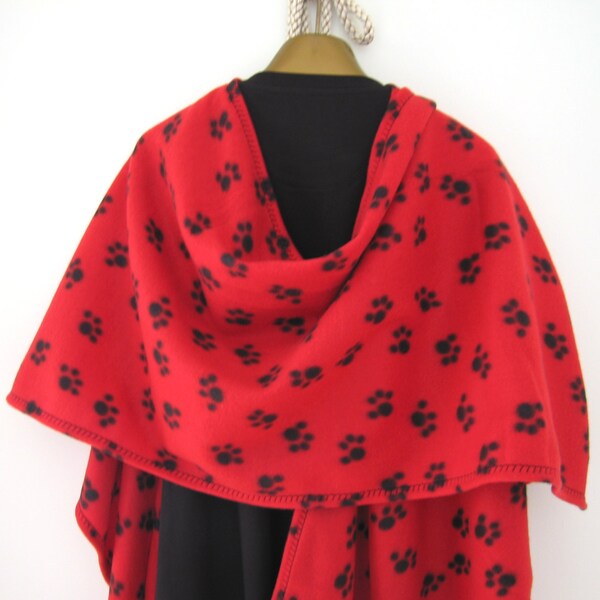 Fleece Cape Poncho by Pawl Lane - Red poncho with black paw prints - Dog Lover Poncho - Baby Wearing Wrap - Maternity Coat - Plus Size