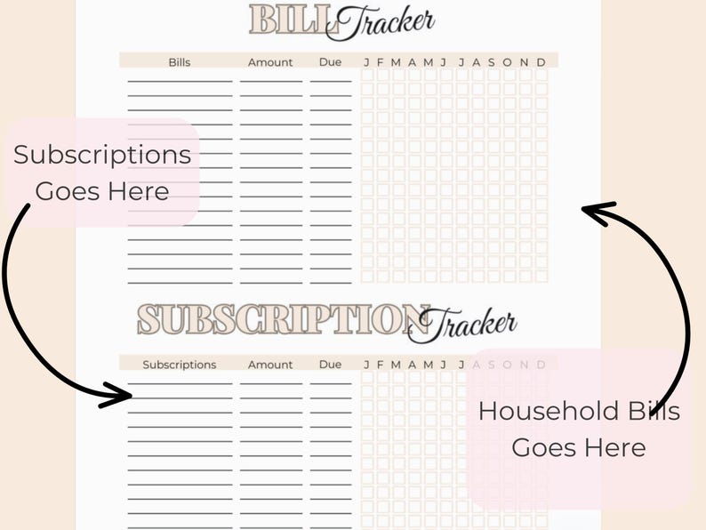 Bill & Subscription Tracker Monthly Bill Organizer Budget Planner