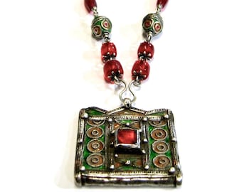 Vintage Berber Silver Enamel Work-Pendant Necklace-Sterling Silver/Ghana Glass Bead Chain-Statement Necklace-One of a Kind-Designed by Aklia