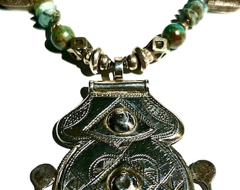 Geëtste zilveren Toeareg hanger-verklaring ketting-antieke Ethiopische zilveren Talisman dozen-Turquoise kralen-Indische & Thaise Hilltribe zilveren kralen