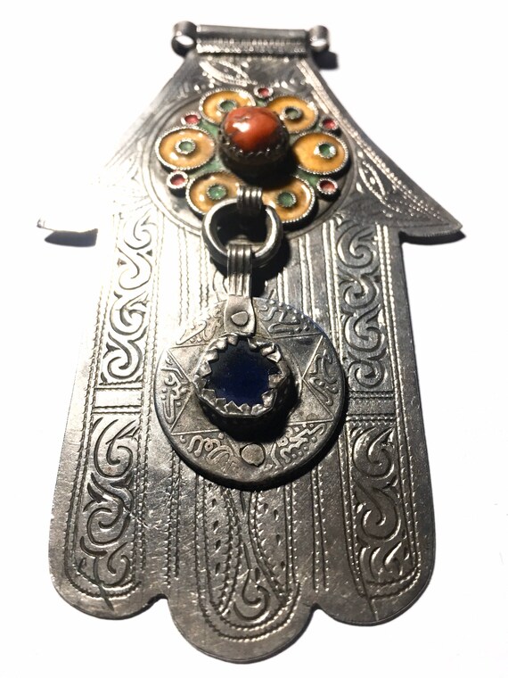 Rare Berber Silver Tribal Hamsa Hand of Fatima Co… - image 3