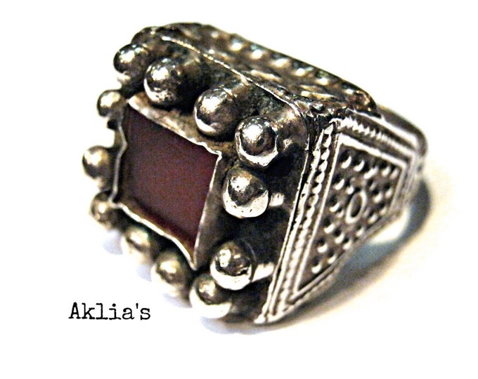 Ruby Red Ring . Old Ethnic Ring . Old Pashtun Silver Ring . Red Glass ...
