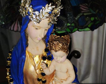 OOAK Marian Blue Virgin Mary Statue Holding Baby Jesus Handmade Crowns Rosaries Milagro