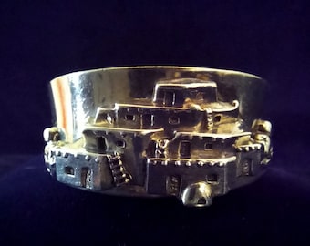 Carol Felley. Story Teller Sterling 3D Pueblo Village Cliff Dweller Cuff Bracelet