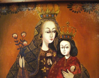 Antique Oil Painting on Linen: Virgin Mary and Baby Jesus, Crowned