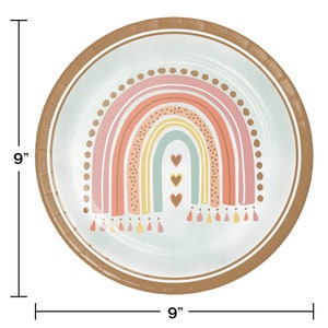 May include: A 9-inch paper plate with a rainbow design in shades of pink, orange, yellow, green, and brown. The rainbow has a dotted pattern and three hearts at the top. The plate has a brown border.