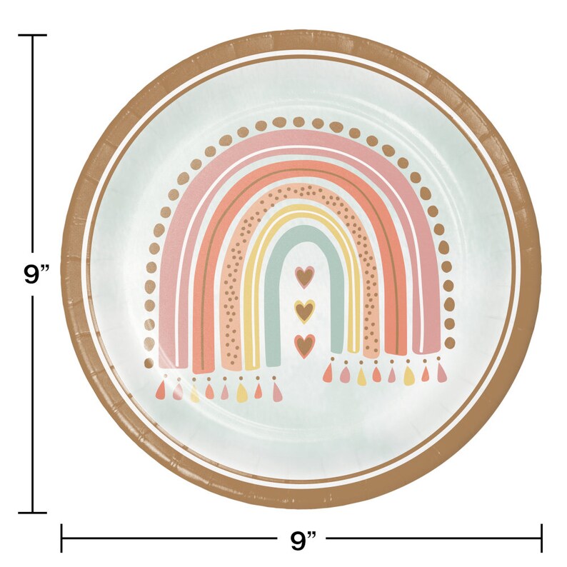 May include: A 9-inch paper plate with a rainbow design in shades of pink, orange, yellow, green, and brown. The rainbow has a dotted pattern and three hearts at the top. The plate has a brown border.