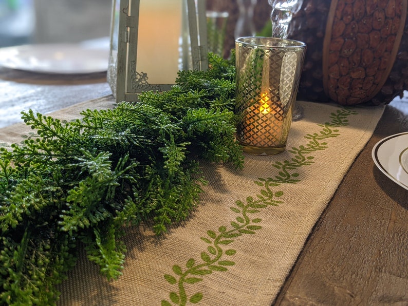 Jute Cotton Table Runner With Printed Green Ivy Leaves Etsy