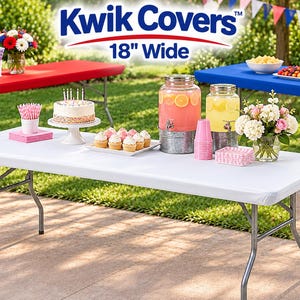 May include: A white rectangular Kwik Covers table cover measuring 18 inches wide, shown on a folding table set with a cake, cupcakes, two glass beverage dispensers, pink cups, napkins, and a floral arrangement, with red and blue tables nearby.