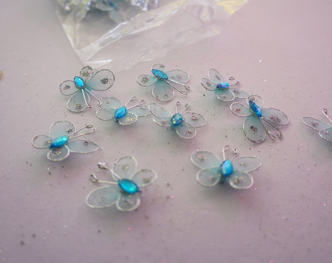 50- 1" blue organza butterflies, craft butterflies, small butterflies, butterflies for crafting, small organza butterflies