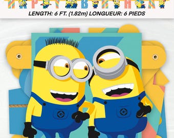May include: A Despicable Me 4 birthday banner featuring yellow Minions in blue overalls. The banner reads "Happy Birthday" and is 6 feet (1.82m) long. The banner is yellow, blue, and white.