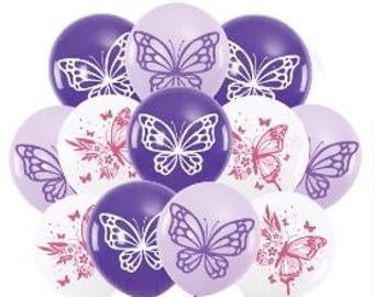 Paquete de globos de látex con forma de mariposa, suministros para fiestas con brillo de mariposa, cumpleaños rosa y morado, fiesta de cumpleaños para niños pequeños, cumpleaños de mariposa