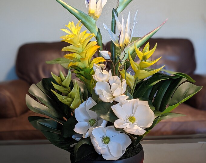 Tropical bird of paradise and magnolia artificial arrangement, bird of paradise arrangement, tropical arrangement, tropical centerpiece