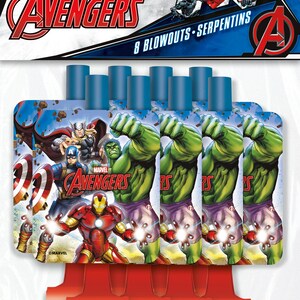 May include: A package of eight red and blue Avengers party blowouts with a picture of Iron Man, Hulk, Thor, and Captain America on the front. The package says "Marvel Avengers 8 Blowouts - Serpentins".