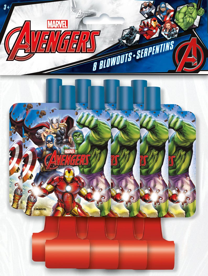 May include: A package of eight red and blue Avengers party blowouts with a picture of Iron Man, Hulk, Thor, and Captain America on the front. The package says "Marvel Avengers 8 Blowouts - Serpentins".