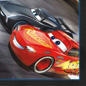 May include: Red and black cartoon race cars with smiling faces. The red car has the words "Rust-eze" and "Fuel-injected Formula" on the hood. The black car has the word "Lightning" on the side.