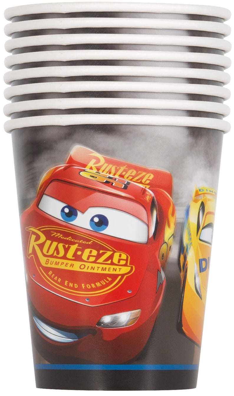 May include: Stack of paper cups featuring Lightning McQueen from the Cars movie. The cups are red with white rims and the Rust-eze logo. The background is a blurred image of a race track.