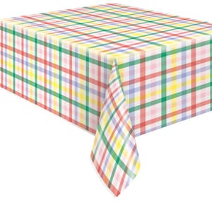 May include: A checkered tablecloth with a red, green, yellow, and blue plaid pattern. The tablecloth is made of plastic and is perfect for a picnic or party.