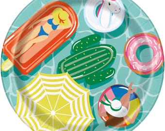 Summer fun pool party dessert plates 8ct, beach party, pool party, spring, party decorations, party plates, tropical, luau
