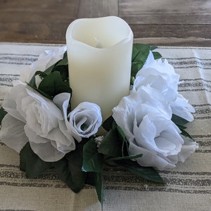 White Silk rose candle ring, wedding centerpieces, candle ring, silk flower decor, affordable wedding decorations