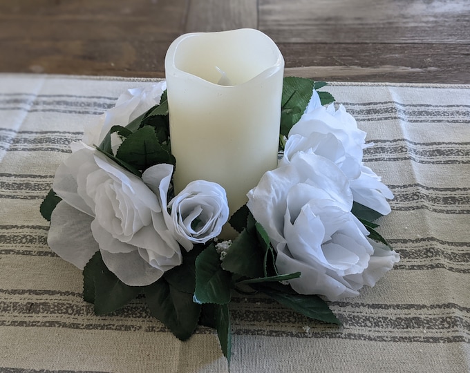 White Silk rose candle ring, wedding centerpieces, candle ring, silk flower decor, affordable wedding decorations